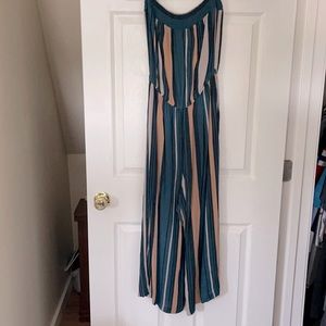 Strapless Jumpsuit. Fun color block wide leg